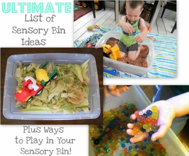 40 plus awesome sensory bin ideas that are perfect for home or school. And, get tips to encourage play and benefits of sensory bins from an OT.