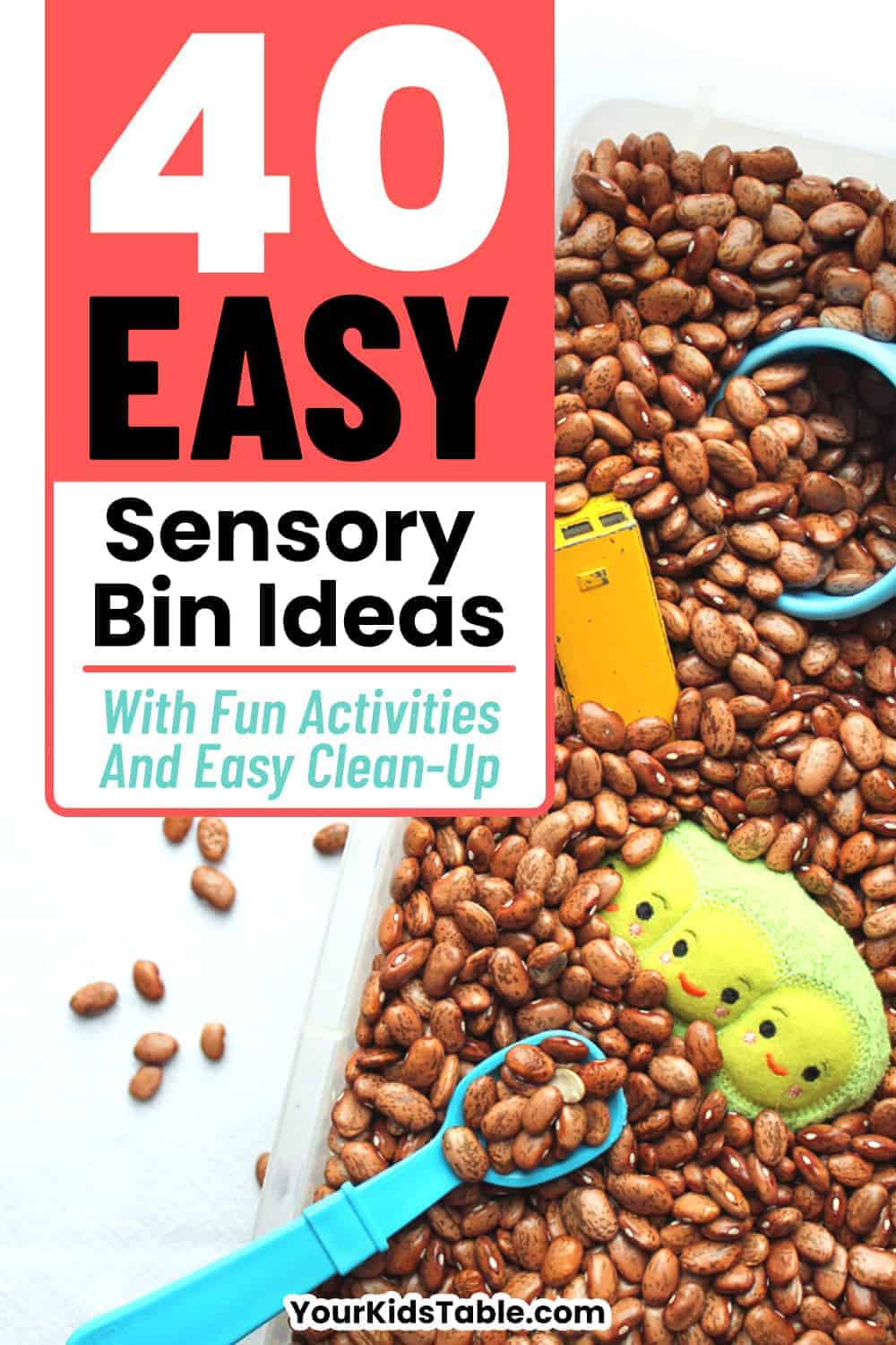  40 plus easy sensory bin ideas that are perfect for home or school. And, get tips to encourage play and benefits of sensory bins.