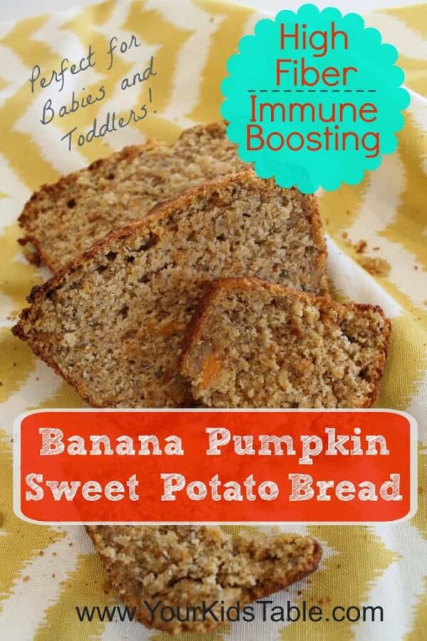 High fiber, immune boosting pumpkin, sweet potato, banana bread. Great for kids and babies/toddlers learning to eat table foods