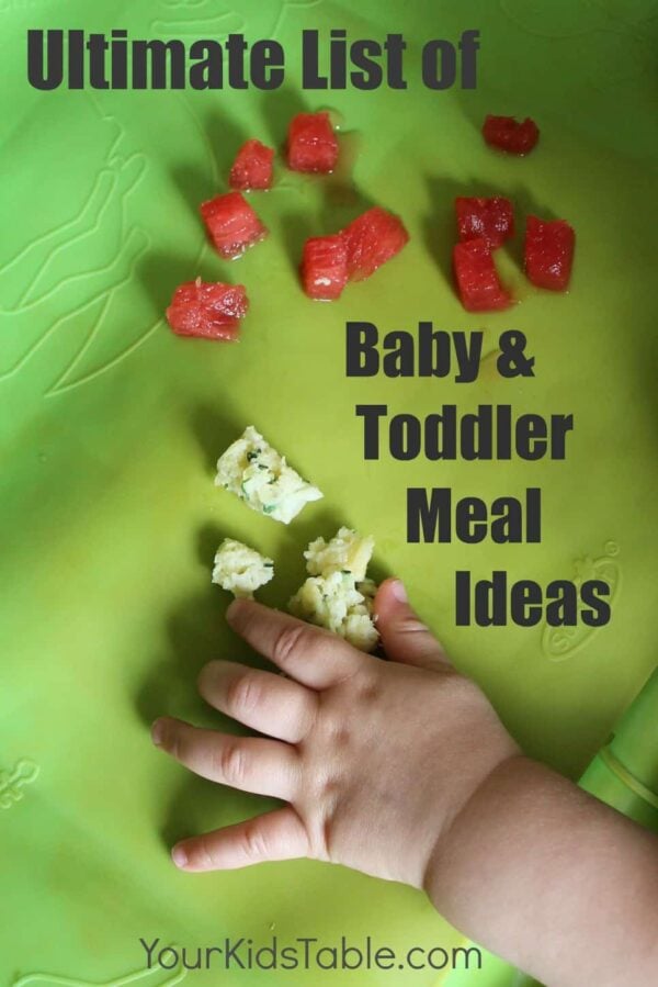 Huge list of toddler and baby meal ideas. Perfect for baby led weaning, transitioning to table foods, or toddlers. Meals the whole family can eat.