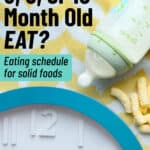 A complete feeding schedule for 8, 9, and 10 month old babies. Plus tips for transitioning to finger foods for an eating schedule with formula or breastmilk.