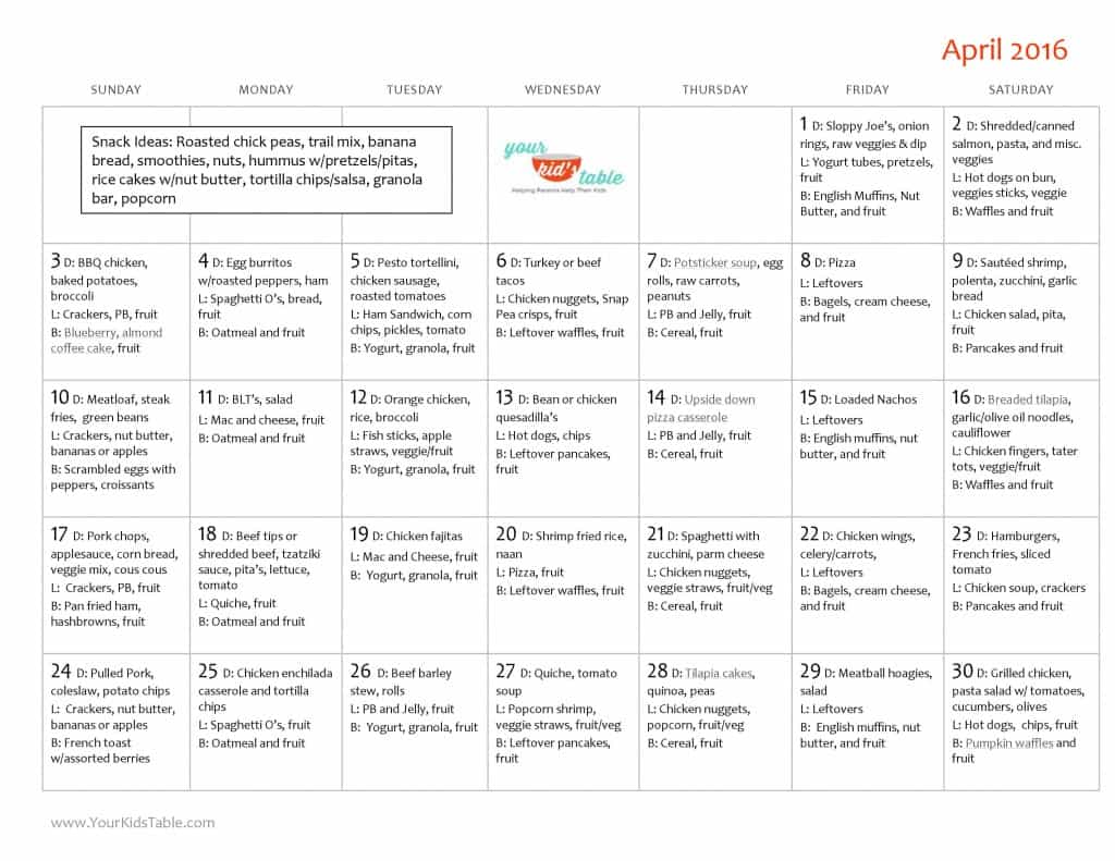 Family Friendly April Monthly Menu Plan Your Kid's Table