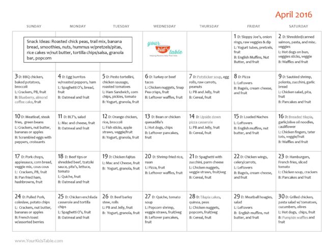 April Monthly Menu Plan