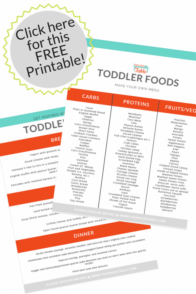 ¡Imprimible gratuito de ideas de comidas para niños pequeños! Toneladas de ideas, que son totalmente factibles.