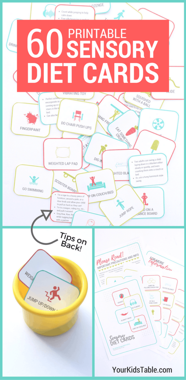 Sensory diet cards are an amazing tool to help kids improve their attention, communication, and more! Learn how to use them and print your own set. #sensoryprocessing #sensoryissues #sensoryfun