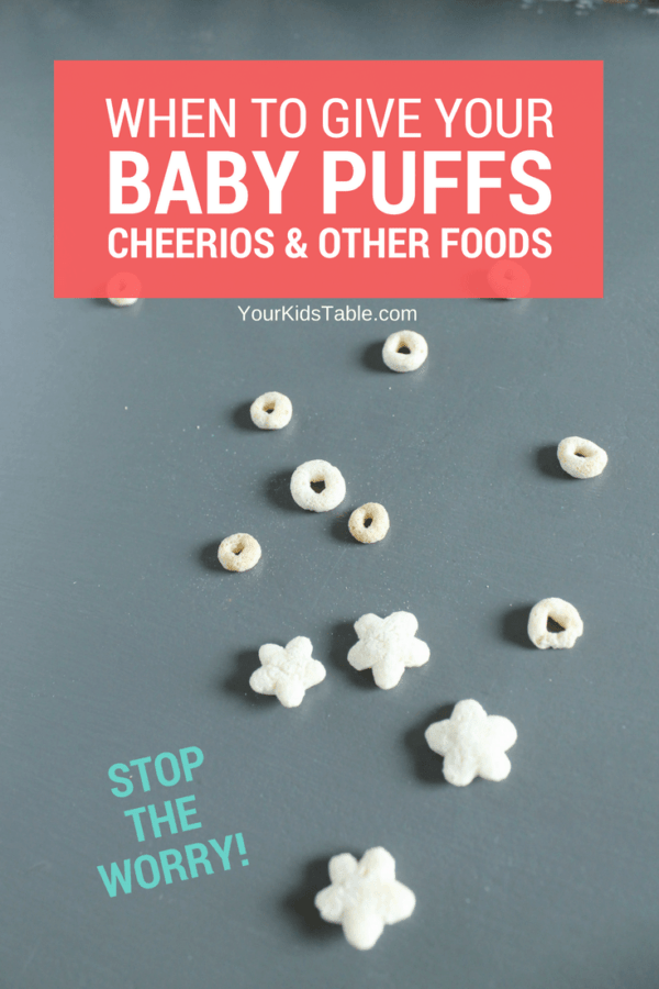 Parents are often wondering, "When can babies eat cheerios?" Or, puffs, toast, cheese, watermelon, and banana. #babyfingerfoods #healthybabyhappyfamily #feedingbaby #babymilestone