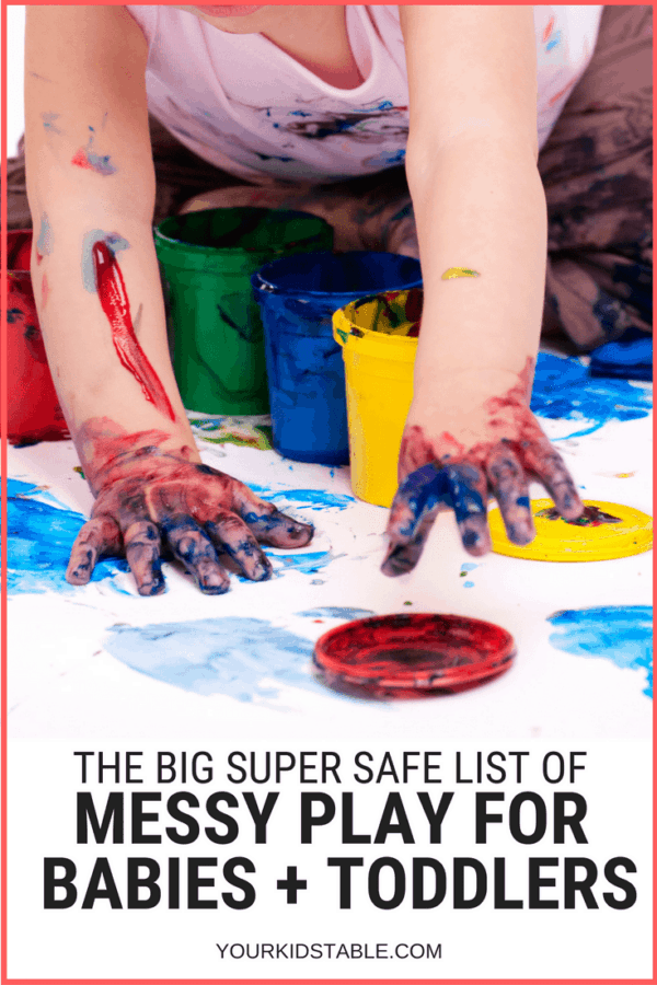 Get over a dozen mess play for babies ideas that are easy to set up and safe for your baby or toddler.  Plus learn some sanity saving tips to keep the messy play clean up simple. #momadvice #messyplay #baby #babies #sensoryplay #sensory #toddler #sensoryplayforbabies #parenting