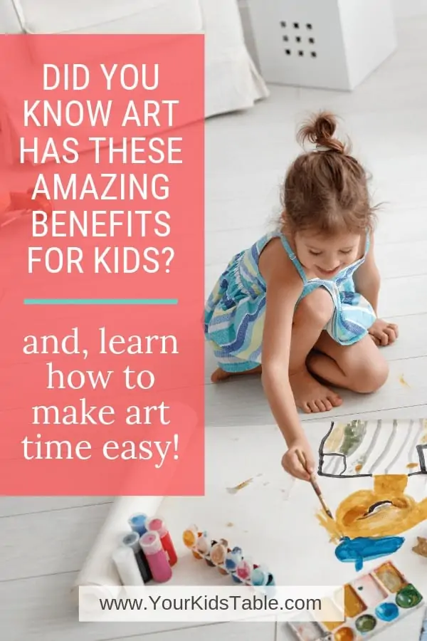 Did you know that art has A LOT of developmental benefits for kids? Learn what they are and how to make art easy and doable in your home! #artfulparent #artmadeeasy #artbenefits #easyart