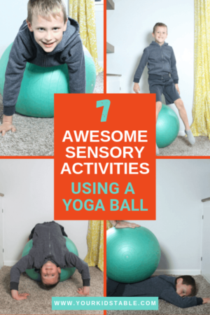 Learn 7 easy ways to use a therapy ball to give your child a ton of sensory input! Plus, get the scoop on what different types of sensory balls are used for.  #therapyballactivitiesforkids #therapyballactivities #therapyball #yogaball #yogaballforkids