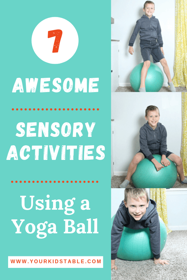 Learn 7 easy ways to use a therapy ball to give your child a ton of sensory input! Plus, get the scoop on what different types of sensory balls are used for.  #therapyballactivitiesforkids #therapyballactivities #therapyball #yogaball #yogaballforkids