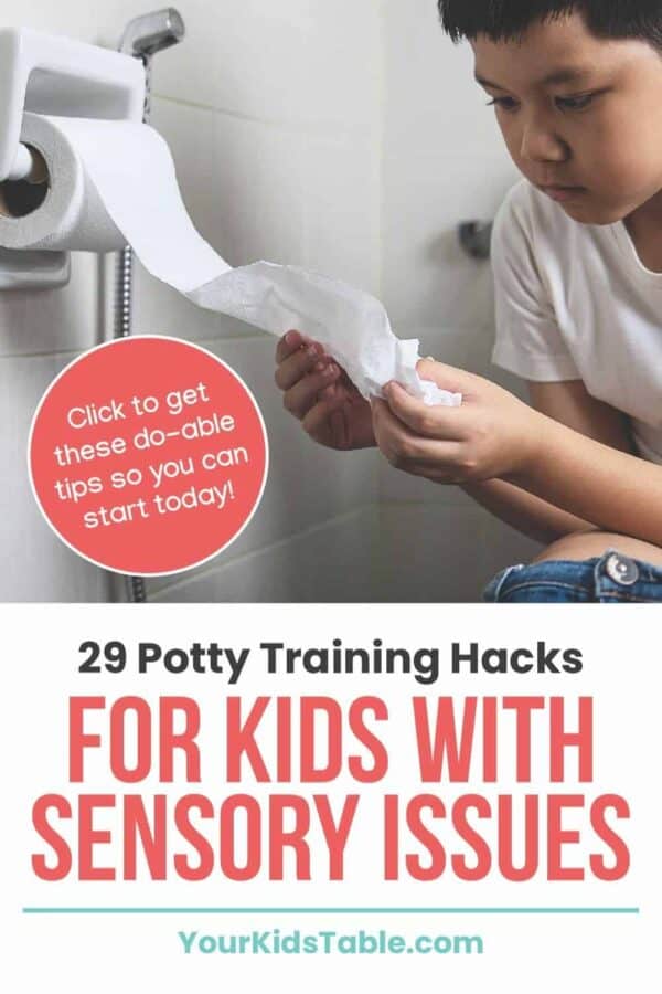 Figure out exactly which sensory issues are making potty training difficult for your kiddo. And, get 29 ways to help your kid with sensory issues learn to use the toilet on their own! #pottytraining #pottytrainingsensory