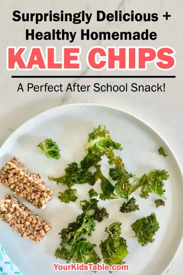 Kale is an amazing super food and this kale chips recipe is a perfect way to get it into your kids, even if they're a picky eater.  Enjoy these kale chips as an after school snack or side dish! #kidsnacks #kalechips