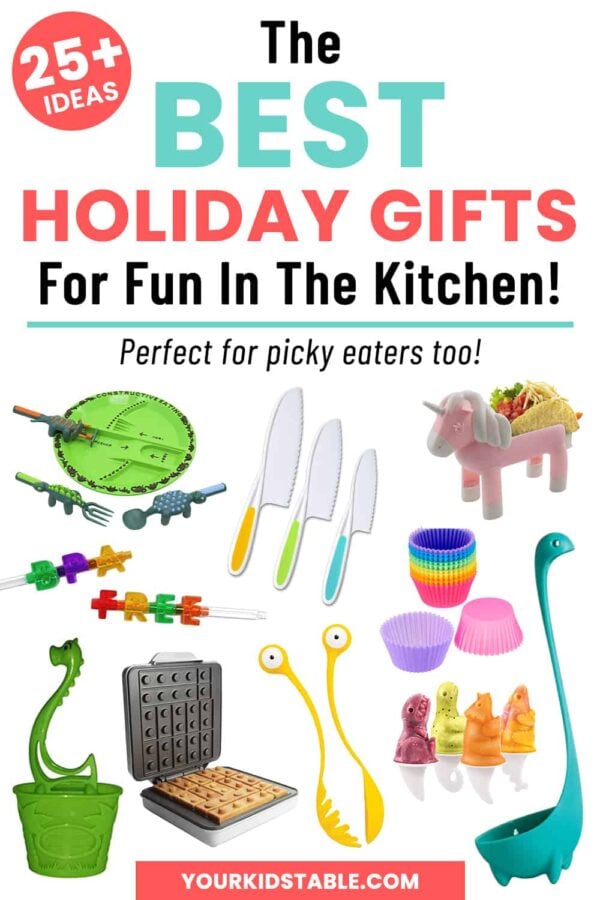 Get inspired with 25+ awesome Christmas gift ideas for kids with fun in the kitchen! This holiday guide is perfect for picky eater kids, cooking with kids, and making mealtimes fun.  #pickyeaters #pickyeatergifts