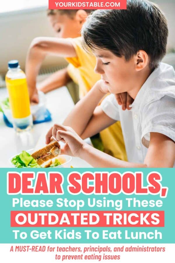 A special message to schools trying to help picky eater kids at lunch.  What to avoid that often makes kids eating worse and what you can do instead!