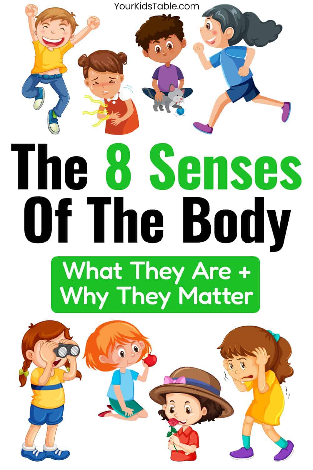 Learn about the 8 senses of the body that make up sensory processing, how they work, what they each do, and how the 8 senses relate to kids with sensory processing difficulties.