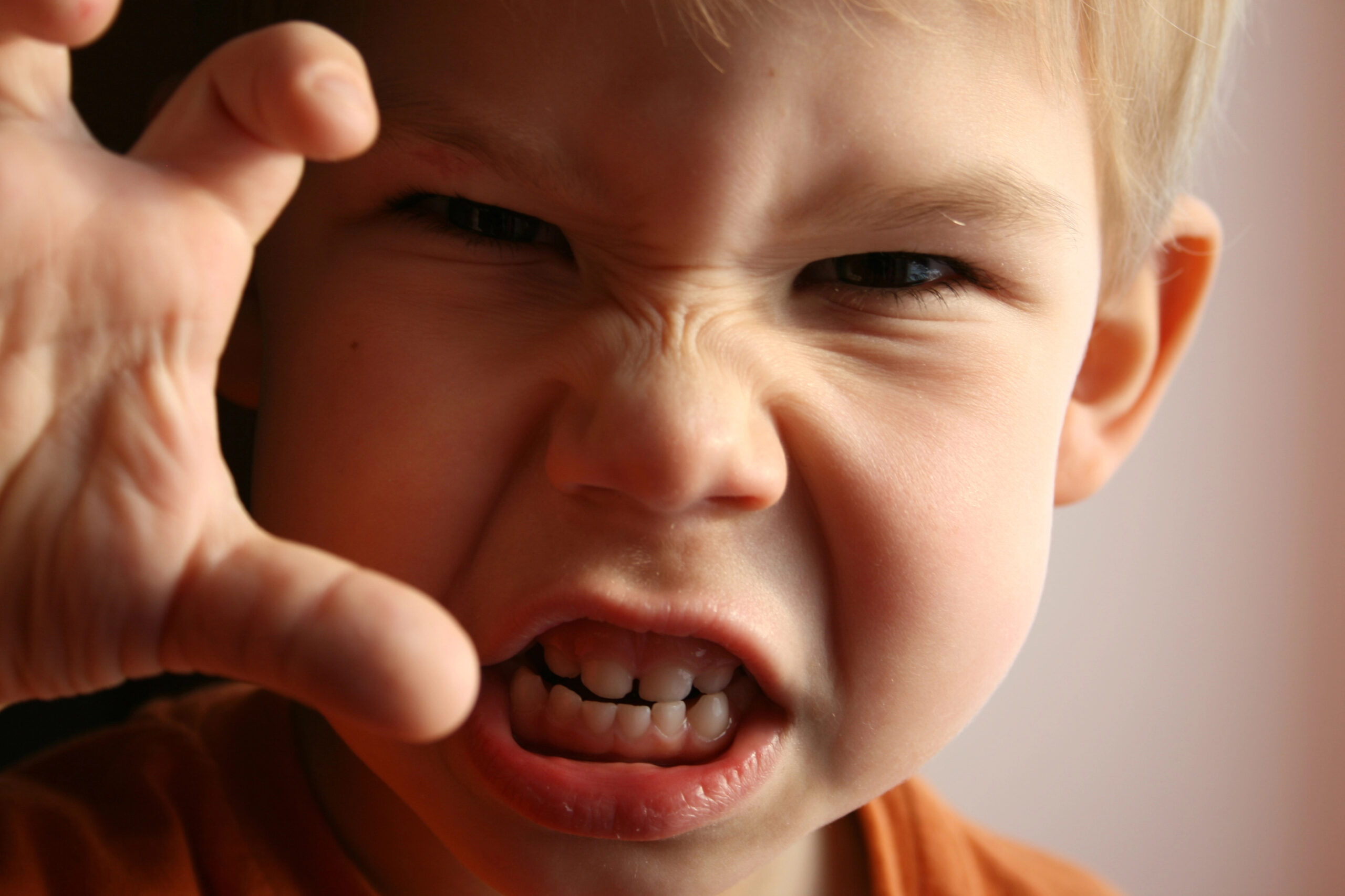 A very young boy holds his hand up in a clawed position with an angry expression